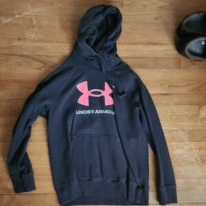 Under Armour Charcoal Hoodie with Neon Pink Logo Medium